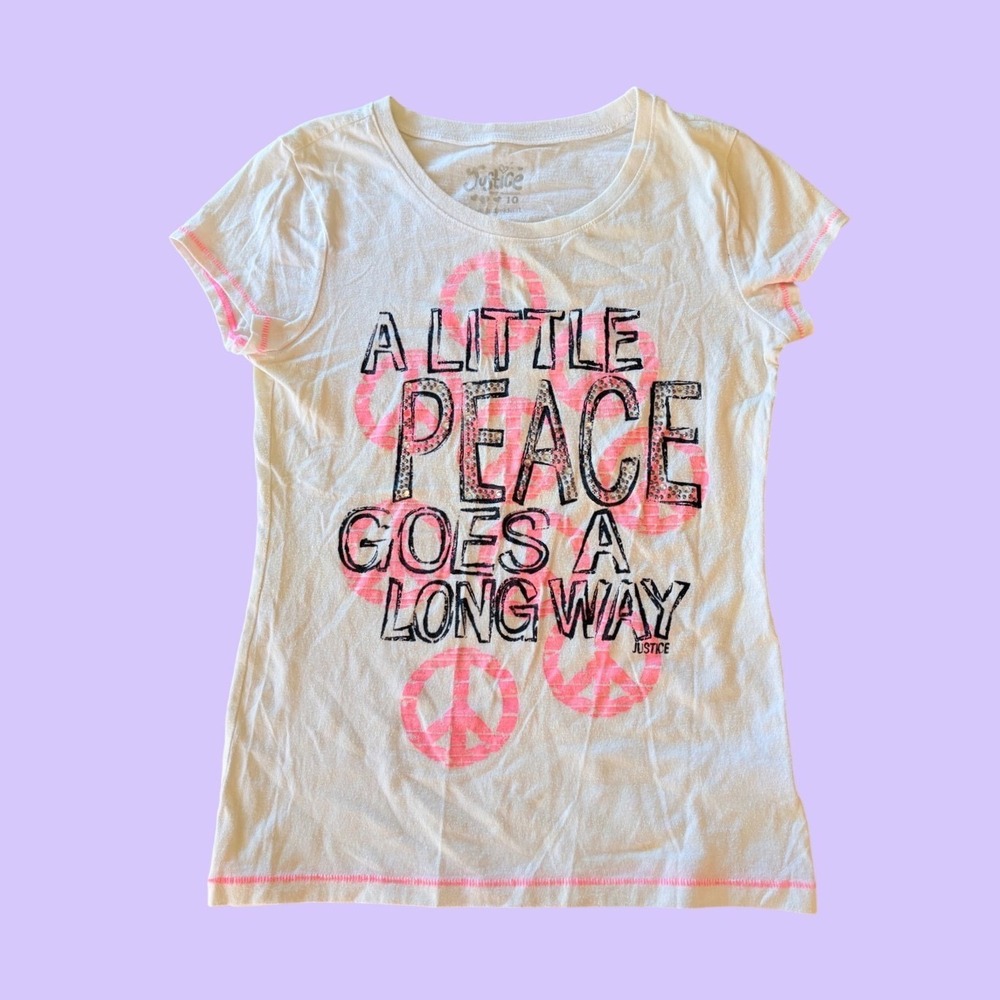 Y2K Justice Peace Sign Graphic Baby Tee T-Shirt Rhinestone Accents Scene #17